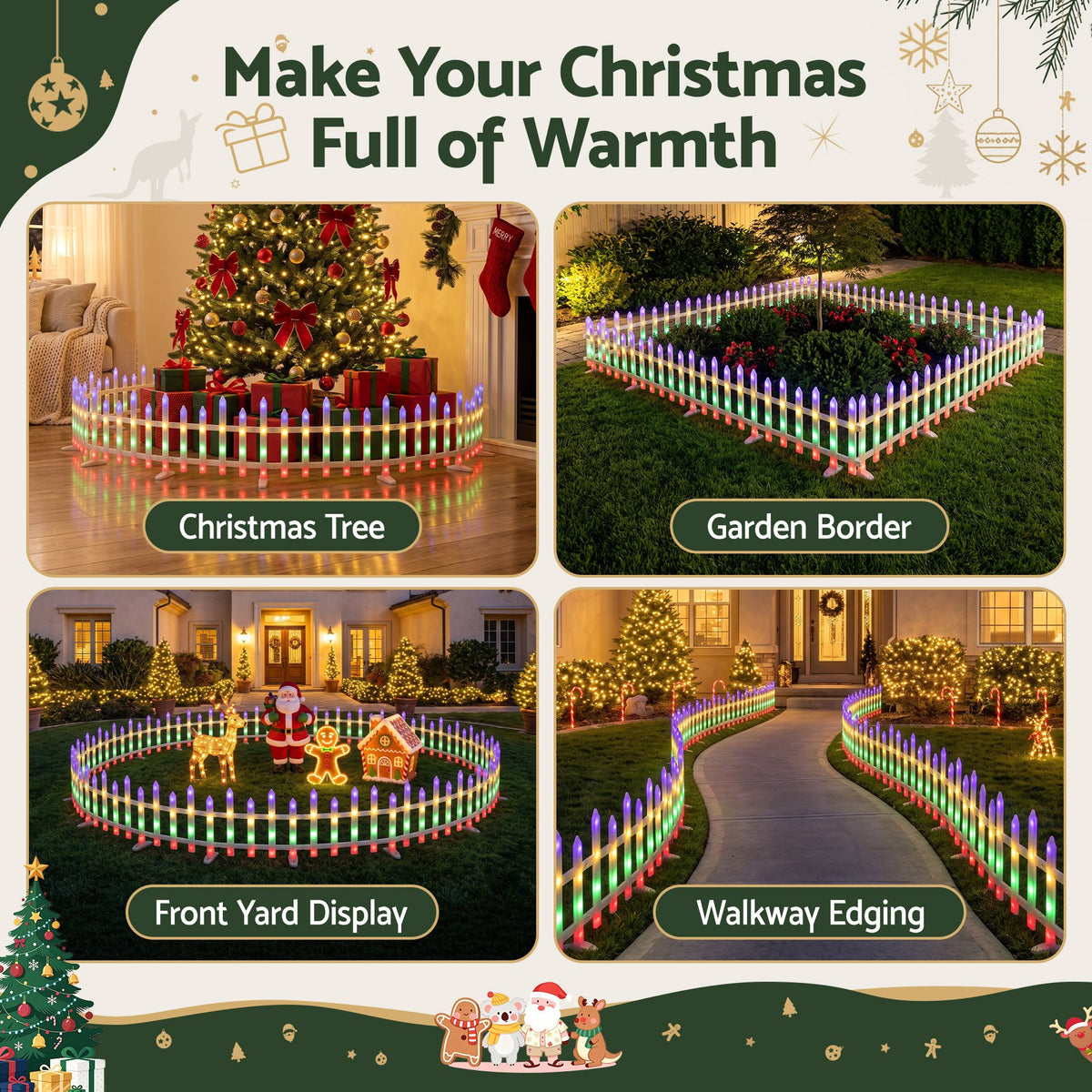 3m Solar LED Christmas Fence Lights 8PC - Muilticolour