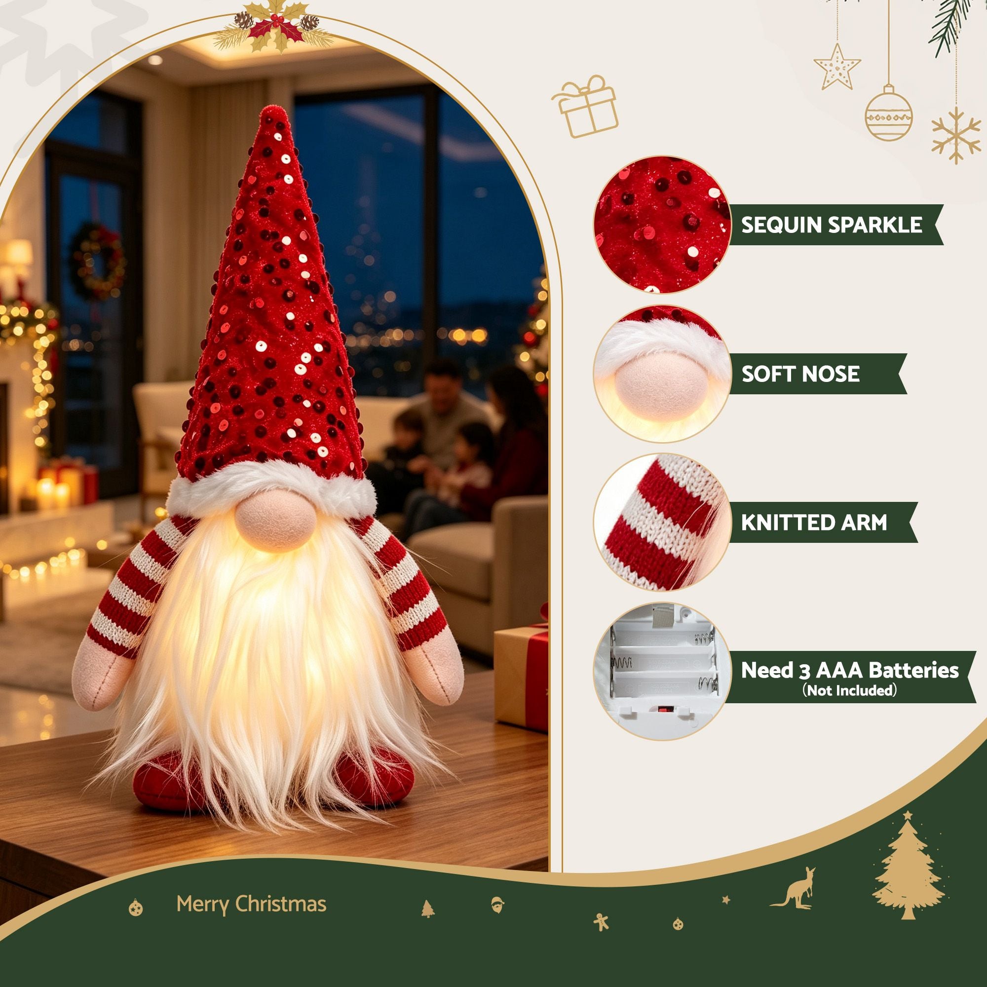 3PC Light-Up Christmas Gnome Decorations 30cm