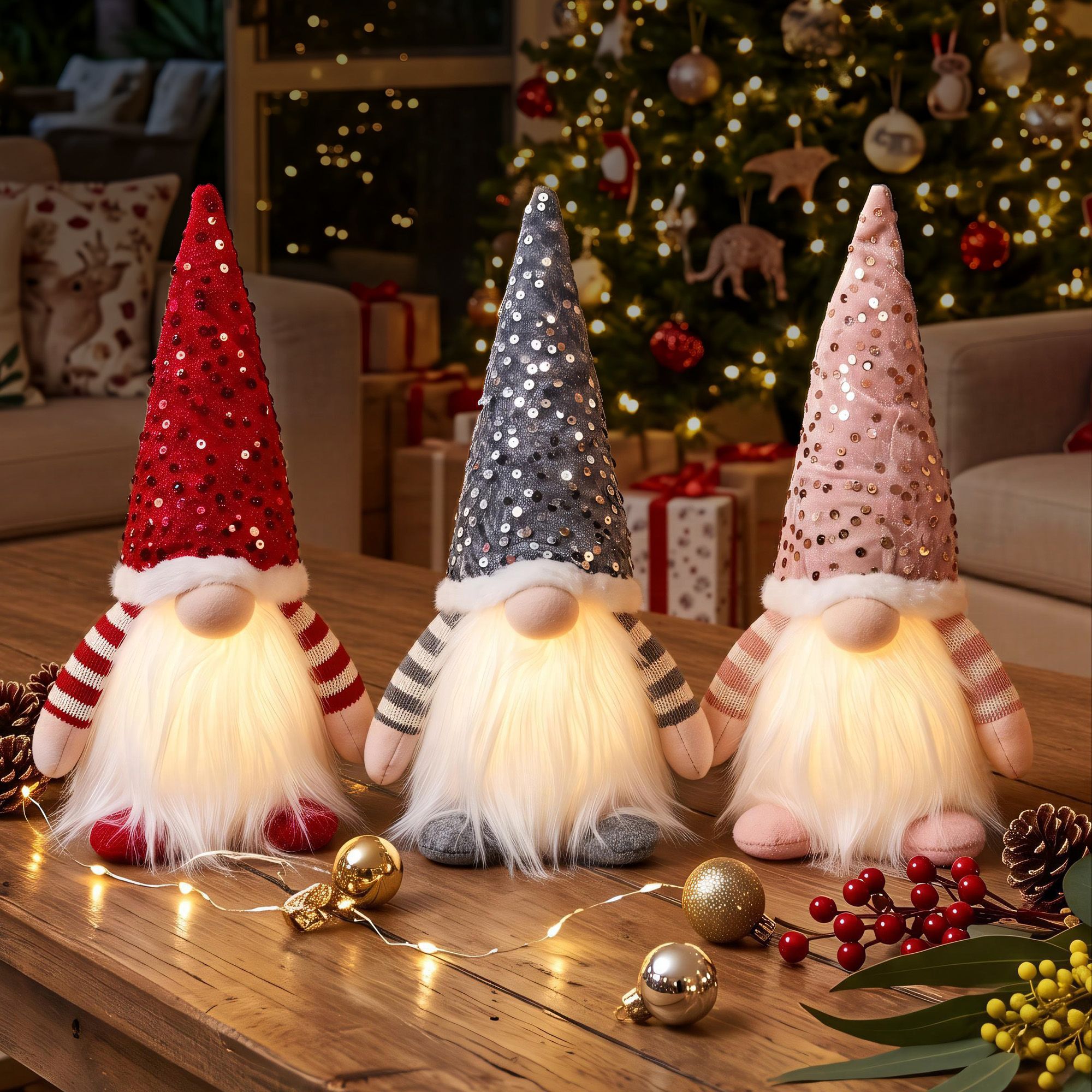 3PC Light-Up Christmas Gnome Decorations 30cm