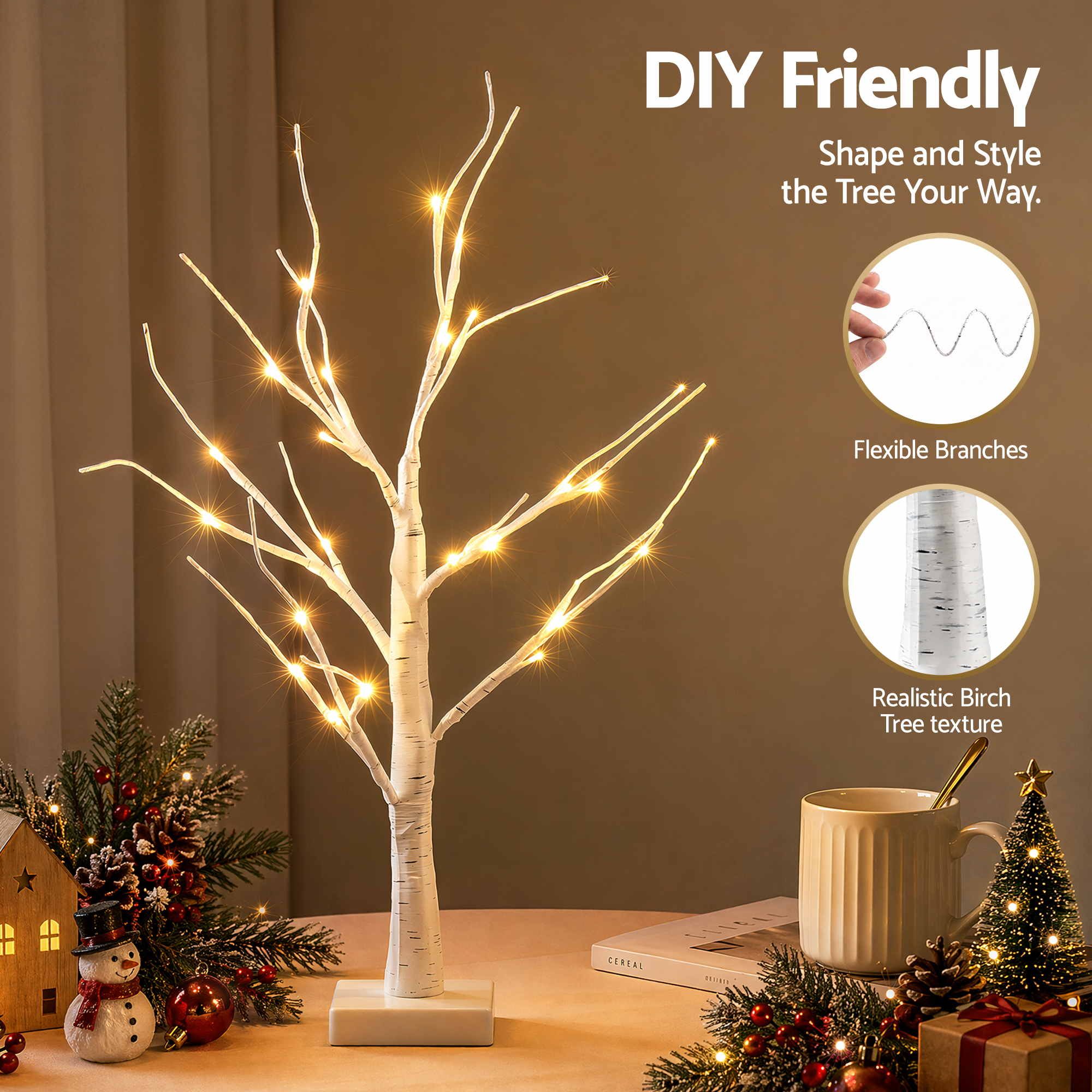 2PC Pre-Lit Christmas Twig Tree Set 60cm - Warm White