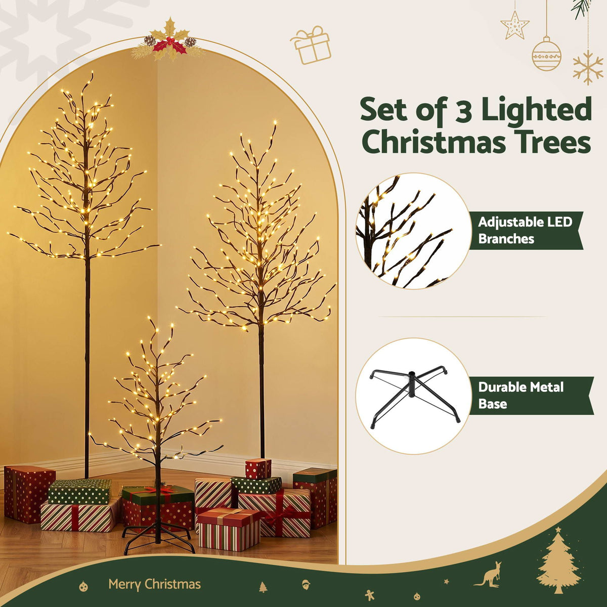 3PC Pre-Lit LED Birch Christmas Tree Set - Warm White