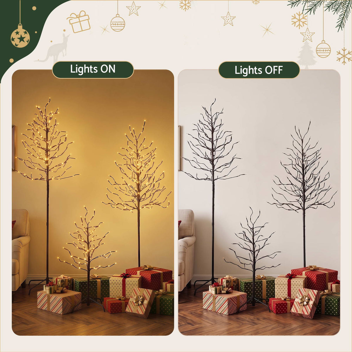 3PC Pre-Lit LED Birch Christmas Tree Set - Warm White