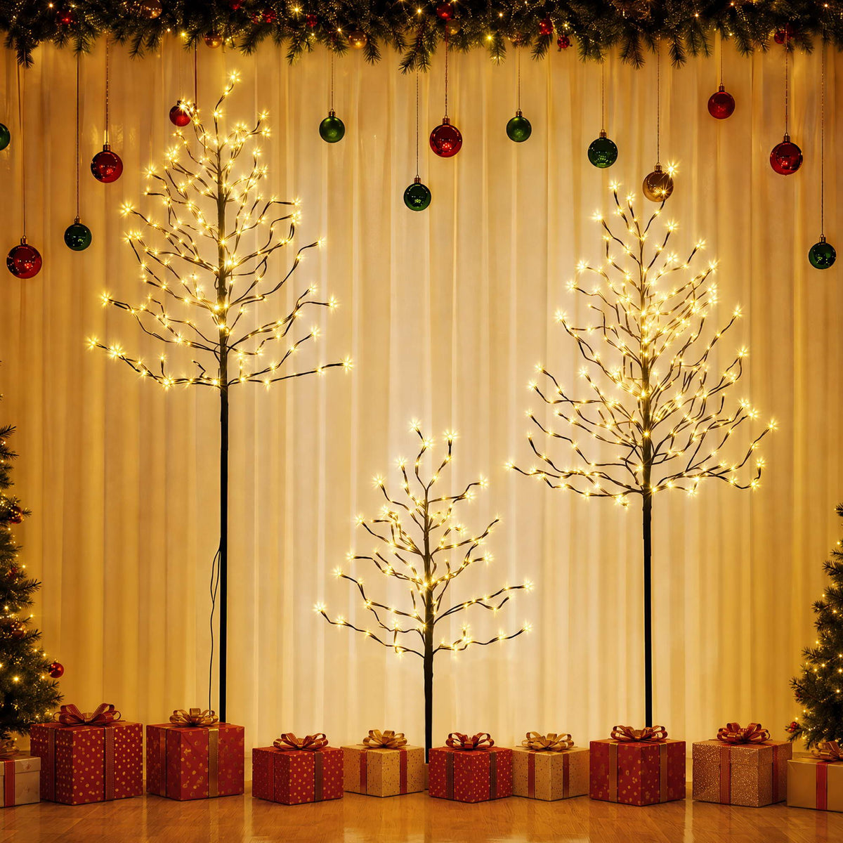 3PC Pre-Lit LED Birch Christmas Tree Set - Warm White
