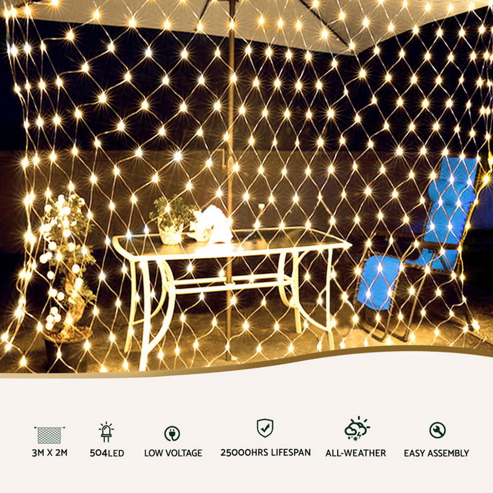 3m x 2m Solar Christmas Net Lights 504 LED - Warm White - Homecoze