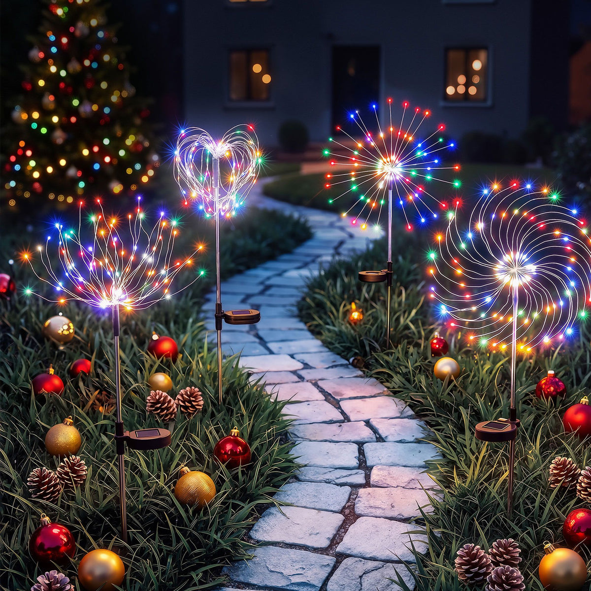4PC Solar Firework Christmas Path Lights - Multicolour