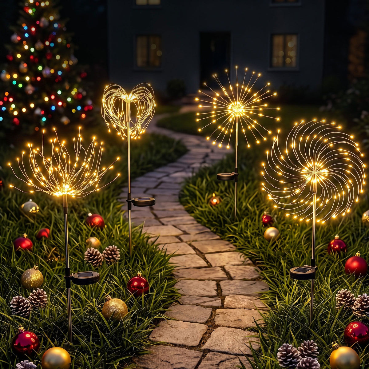4PC Solar Firework Christmas Path Lights - Warm White