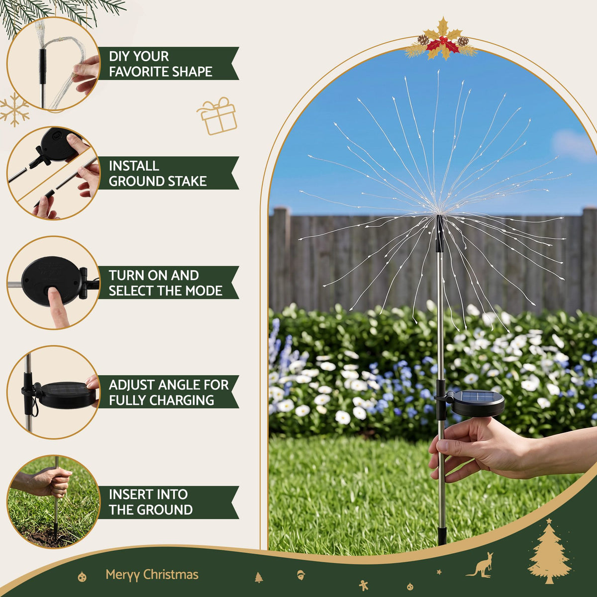 4PC Solar Firework Christmas Path Lights - Warm White