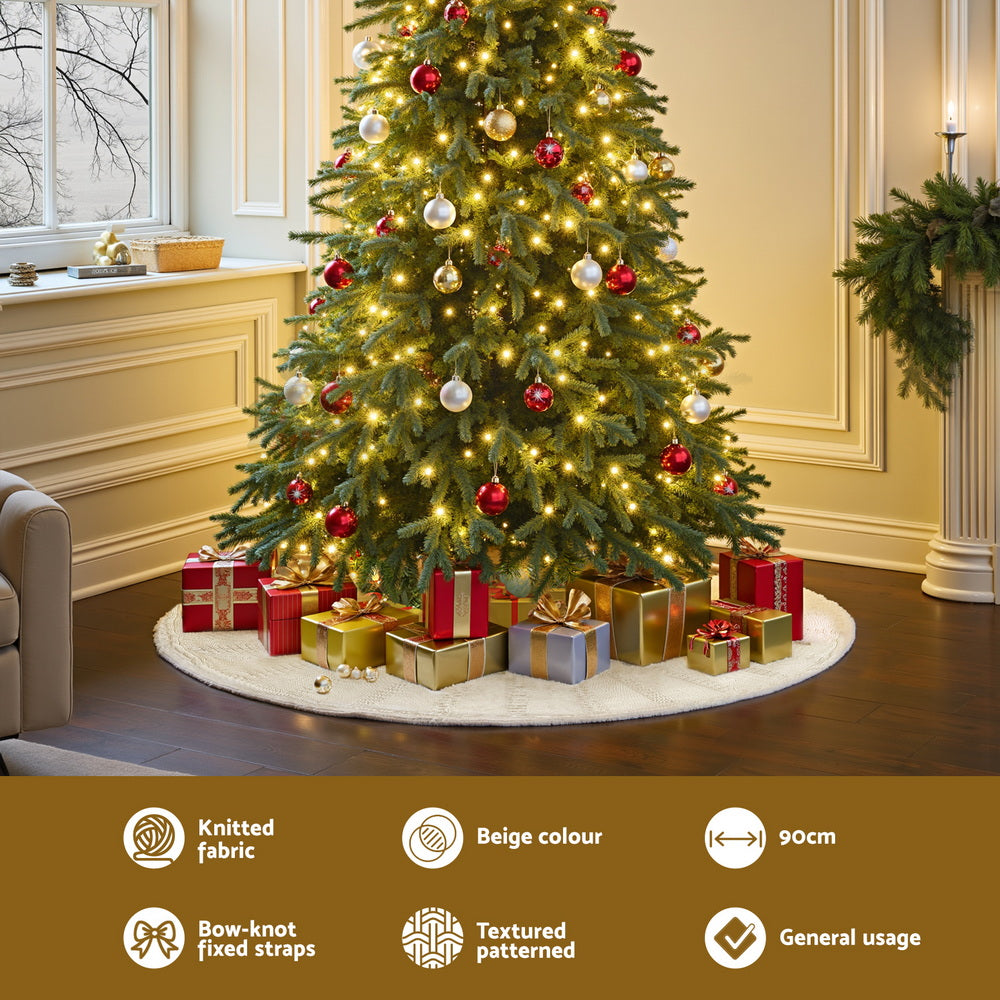 Jingle Jollys Christmas Tree Skirt 90cm Knitted Fabric Xmas Ornament Decor Beige - Homecoze