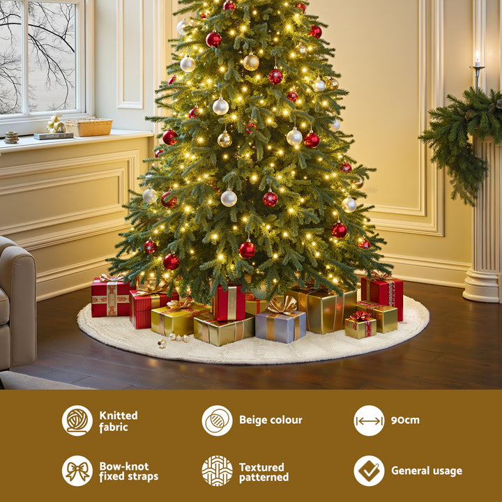 Jingle Jollys Christmas Tree Skirt 90cm Knitted Fabric Xmas Ornament Decor Beige - Homecoze