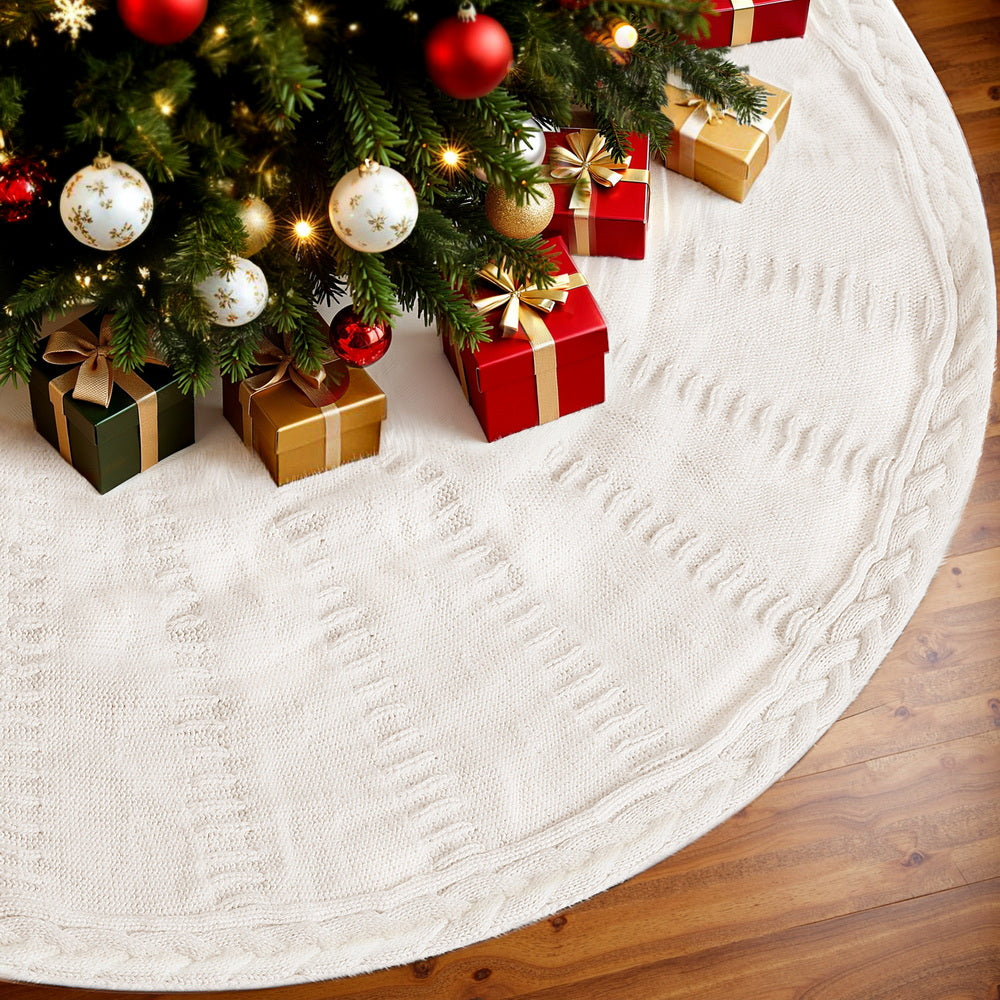 Jingle Jollys Christmas Tree Skirt 90cm Knitted Fabric Xmas Ornament Decor Beige - Homecoze