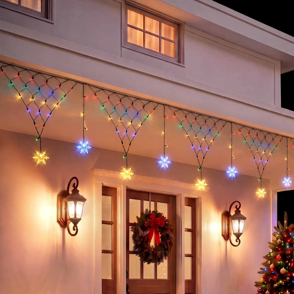 4m Solar Snowflake Net Christmas Lights 100 LED - Multicolour