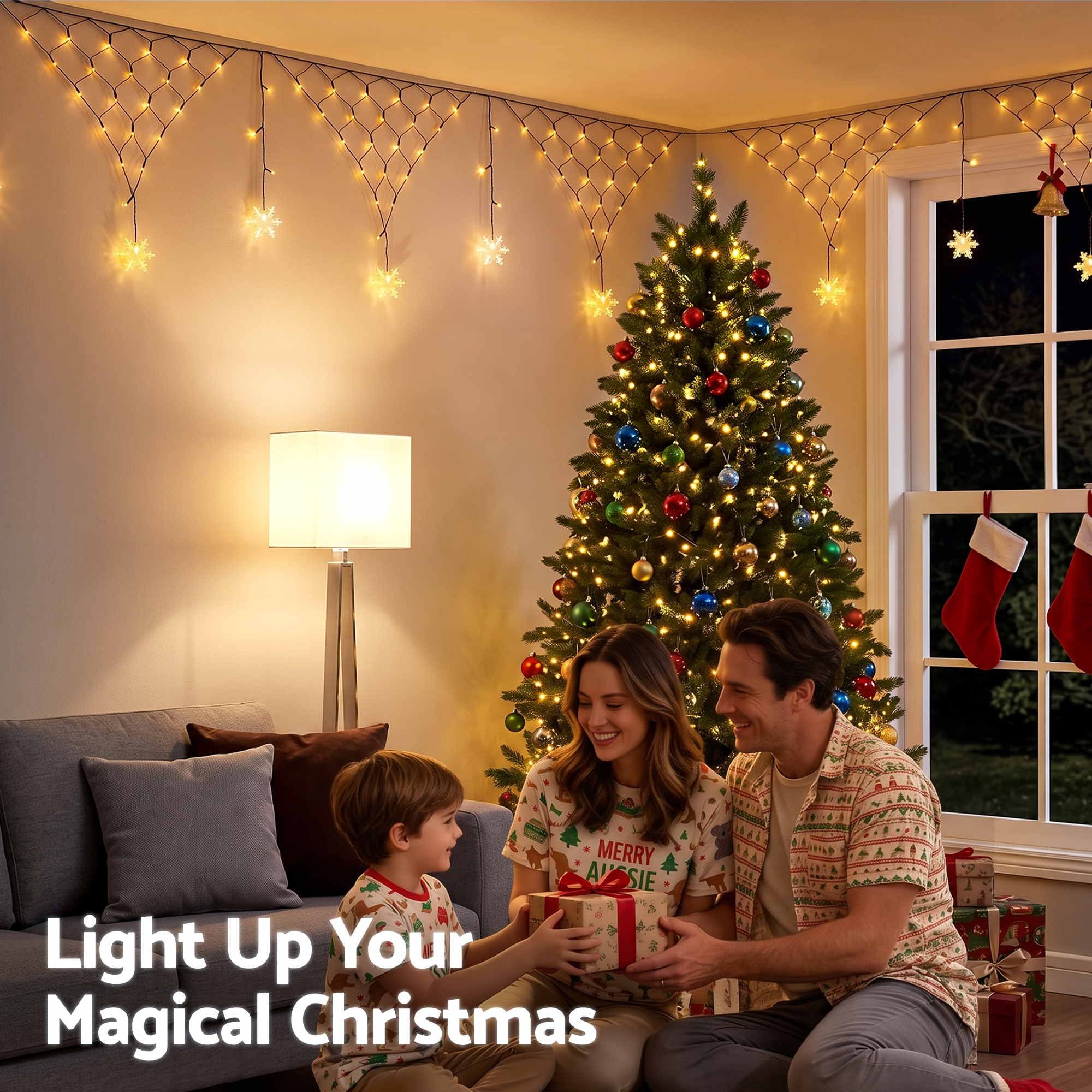 4m Solar Snowflake Net Christmas Lights 100 LED - Warm White