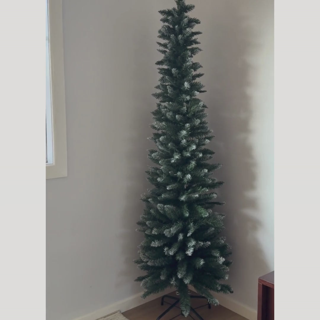 Load video: 6FT Slim Snow Frosted Christmas Tree - 300 Tips