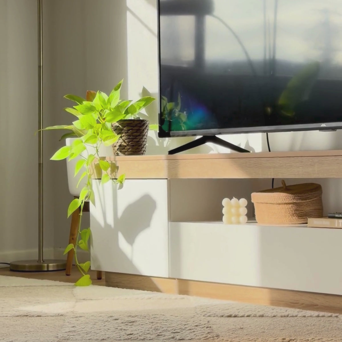 Load video: Harlow Modern TV Unit 180cm – White &amp; Oak
