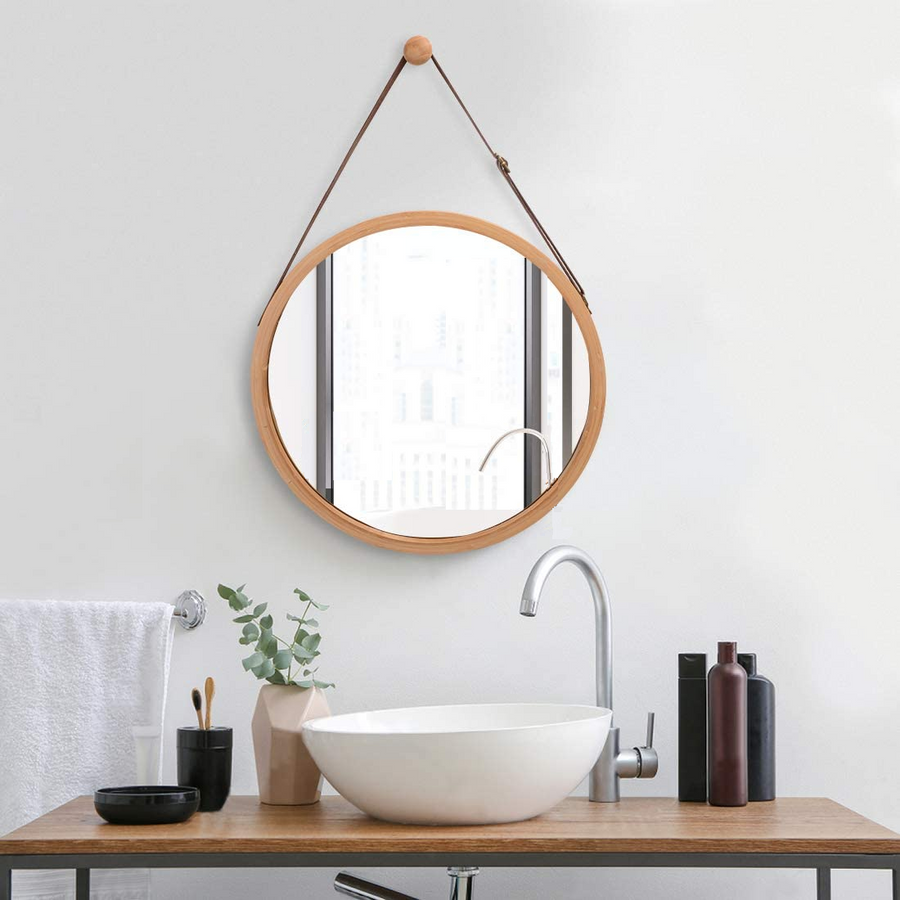 Round Wall Mirror 38cm with Bamboo Frame & Leather Hanging Strap Homecoze