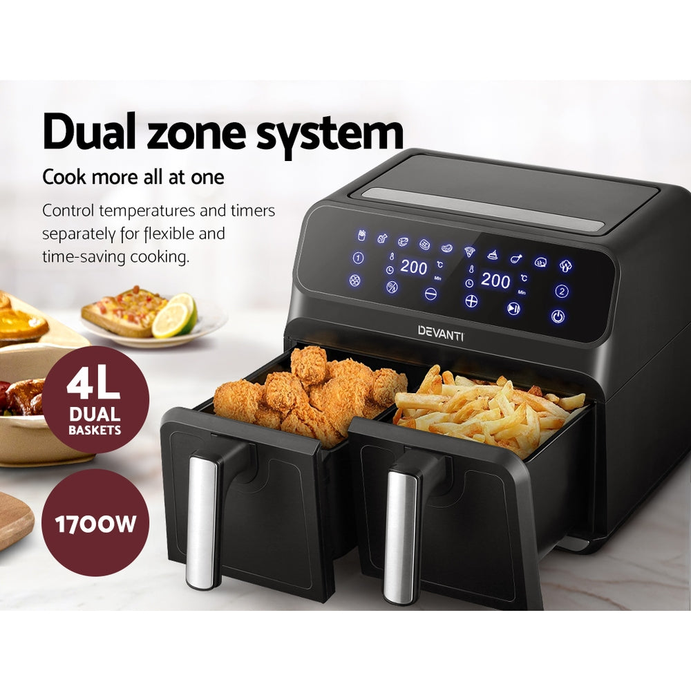 8L (Twin 4L Baskets) Deluxe LCD Touch Panel Oil Free Air Fryer 1700W Homecoze