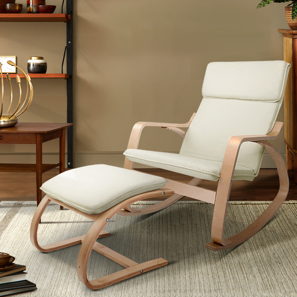 Fabric Rocking Armchair with Foot Stool - Beige Homecoze