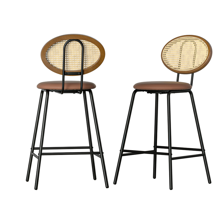 Set of 2 Kitchen Bar Stools Rattan Back PU Leather Dining Chair 65cm - Brown Homecoze