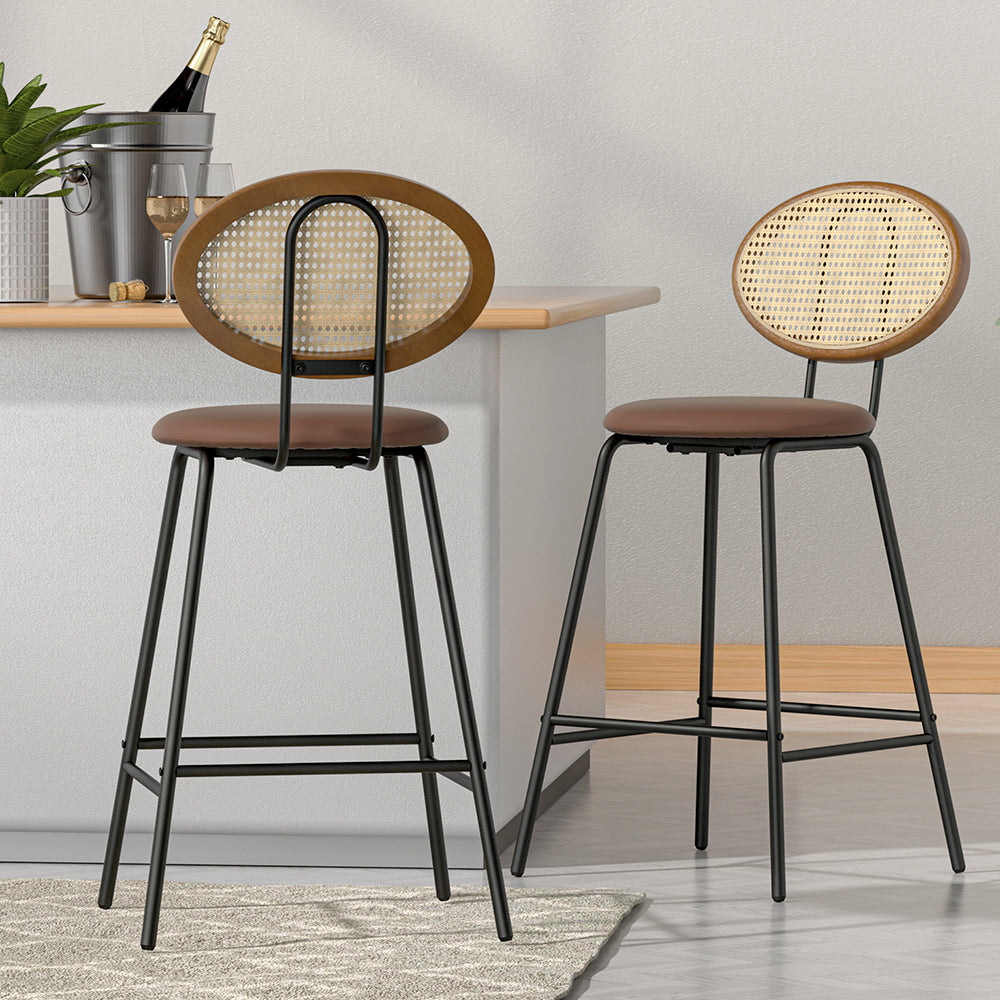 Set of 2 Kitchen Bar Stools Rattan Back PU Leather Dining Chair 65cm - Brown Homecoze