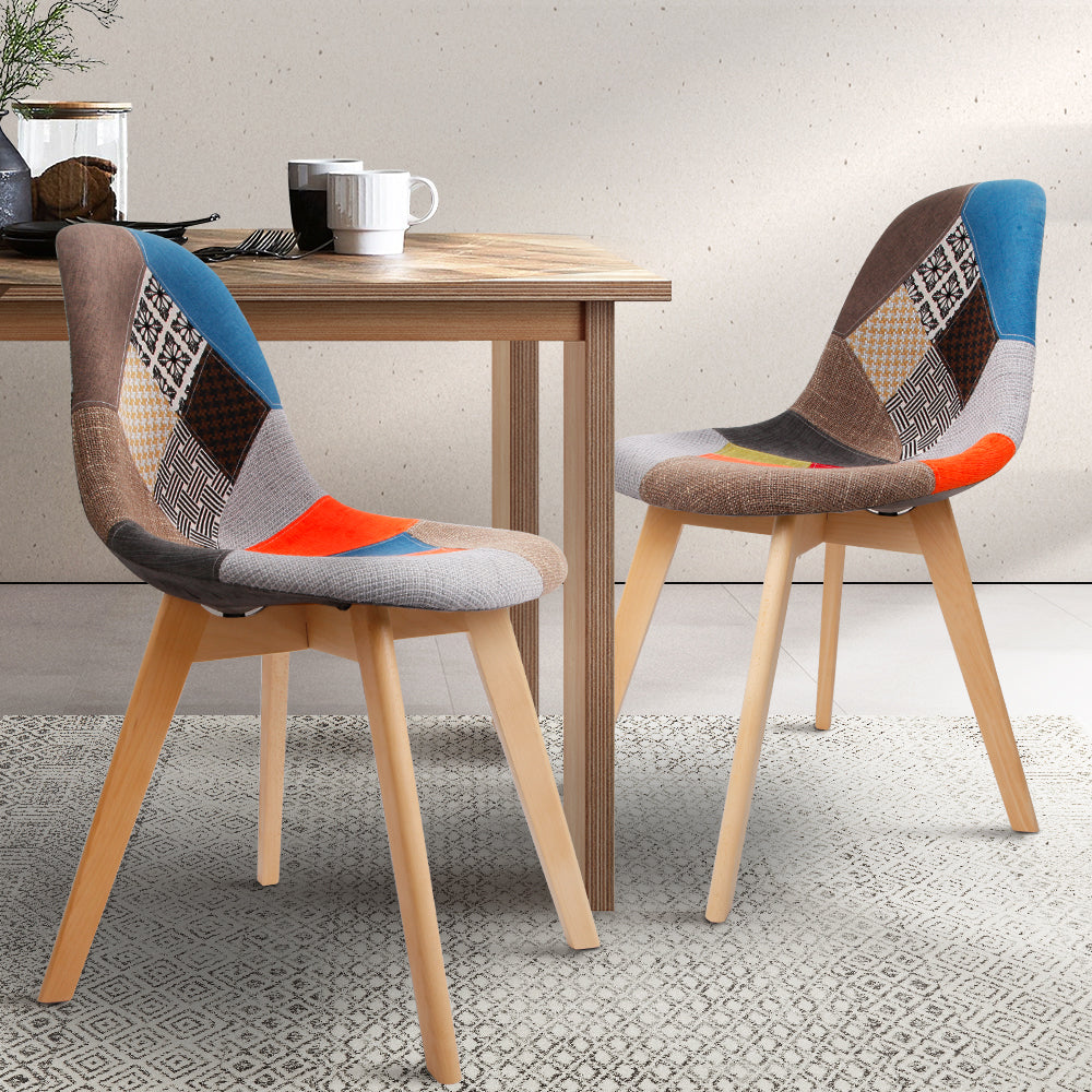 Set of 2 Retro Beech Fabric Dining Chair - Multi Colour Homecoze