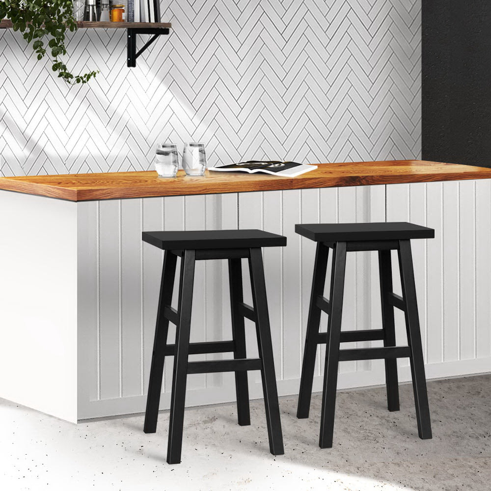 Set of 2 Classic Saddle Seat Bar Stools Solid Beech Wood 66.5cm – Black Homecoze