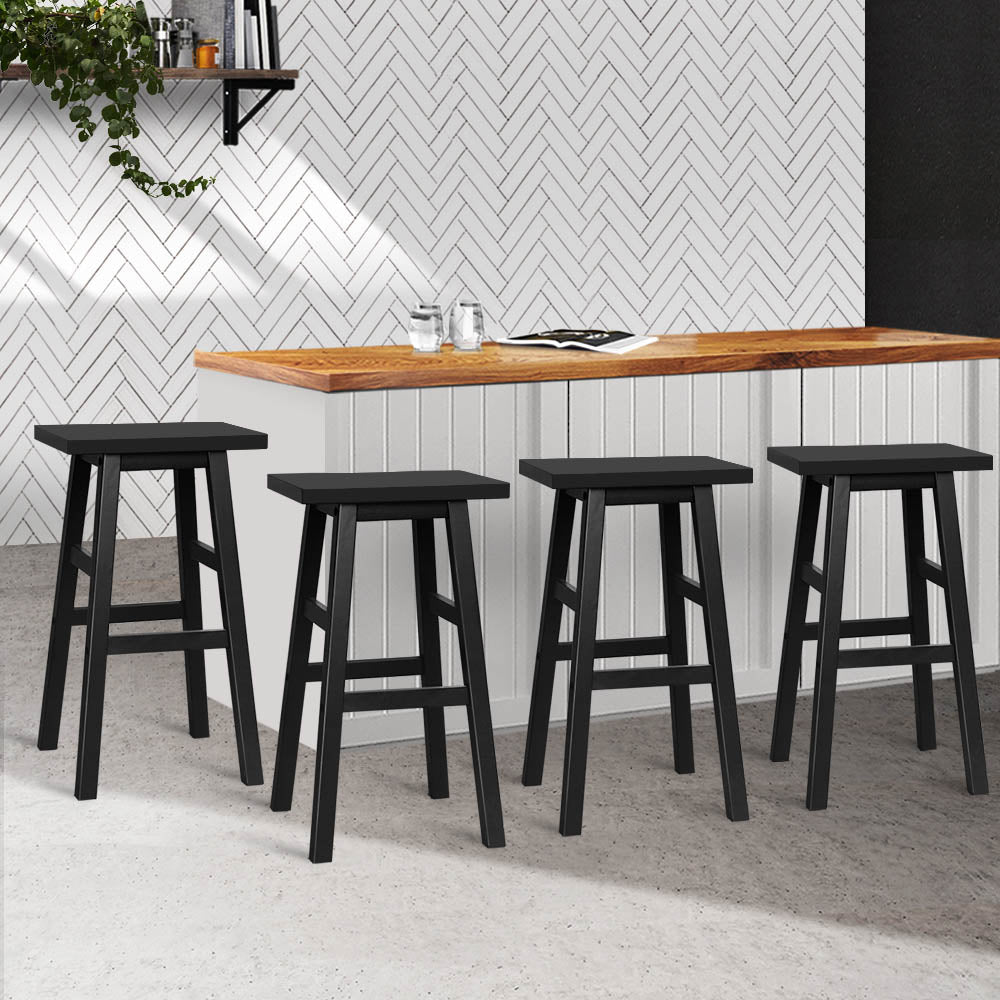 Set of 4 Classic Saddle Seat Bar Stools Solid Beech Wood 66.5cm – Black Homecoze