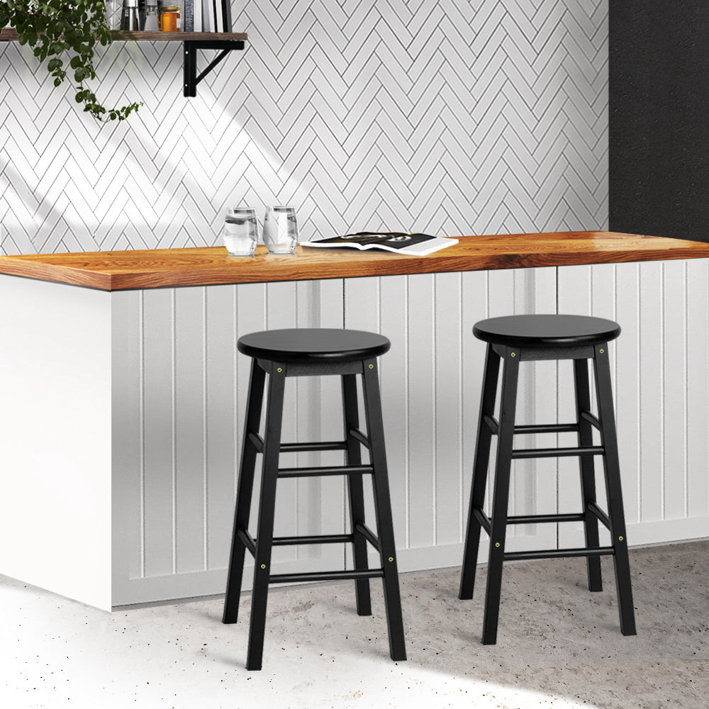 Set of 2 Classic Round Seat Bar Stools Solid Beech Wood 61cm - Black Homecoze