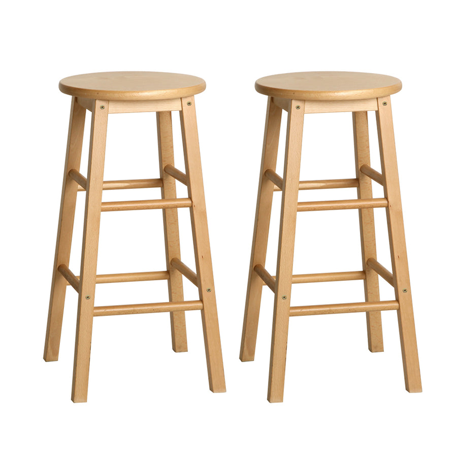 Set of 2 Classic Round Seat Bar Stools Solid Beech Wood 61cm - Natural Homecoze