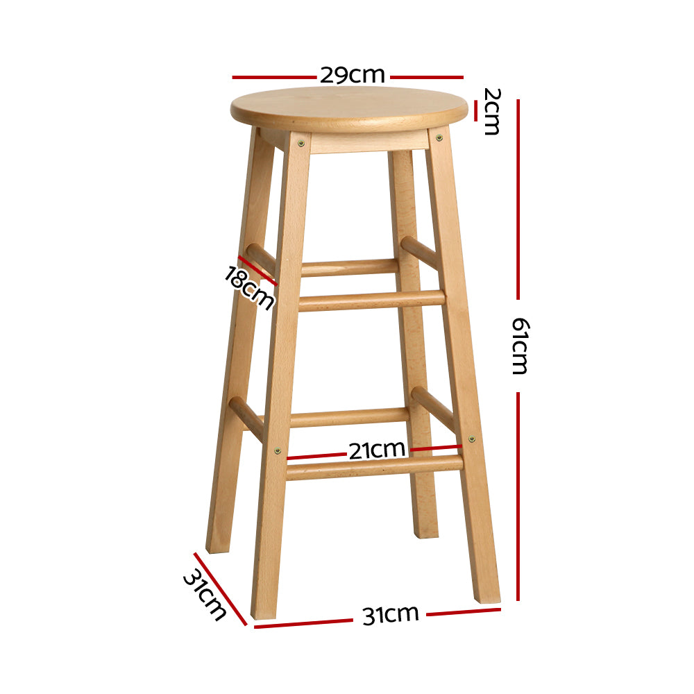 Set of 2 Classic Round Seat Bar Stools Solid Beech Wood 61cm - Natural Homecoze