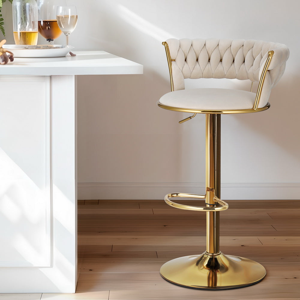 Elias (Single) Woven Velvet Bar Stool - Ivory