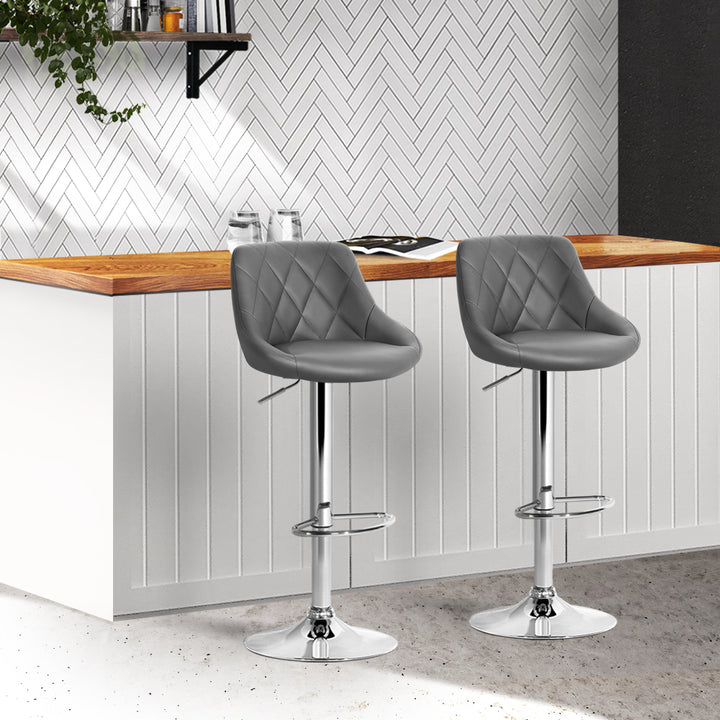 Set of 2 Bar Stools PU Leather Diamond Style - Grey Homecoze