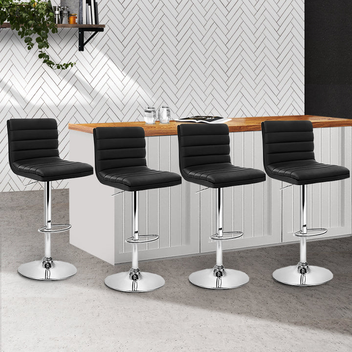 Set of 4 PU Leather Lined Pattern Bar Stools - Black and Chrome Homecoze