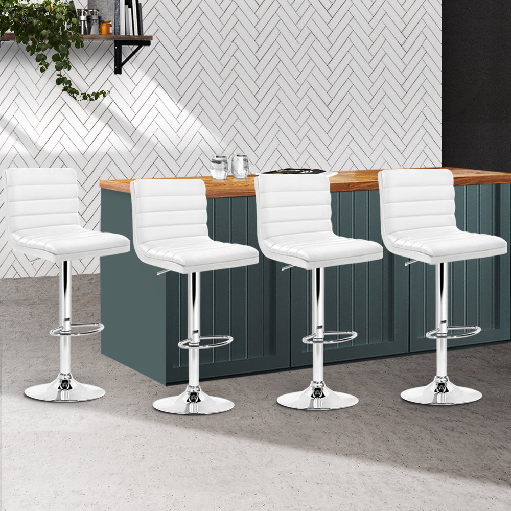 Set of 4 PU Leather Lined Pattern Bar Stools - White and Chrome Homecoze