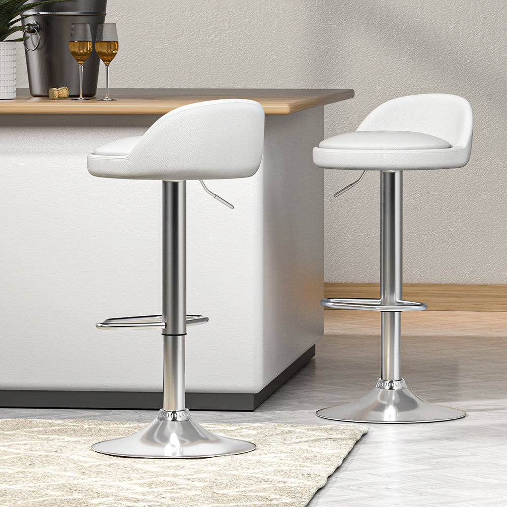 Set of 2 PU Leather Round Low-back Bar Stools Swivel Gas Lift - White Homecoze