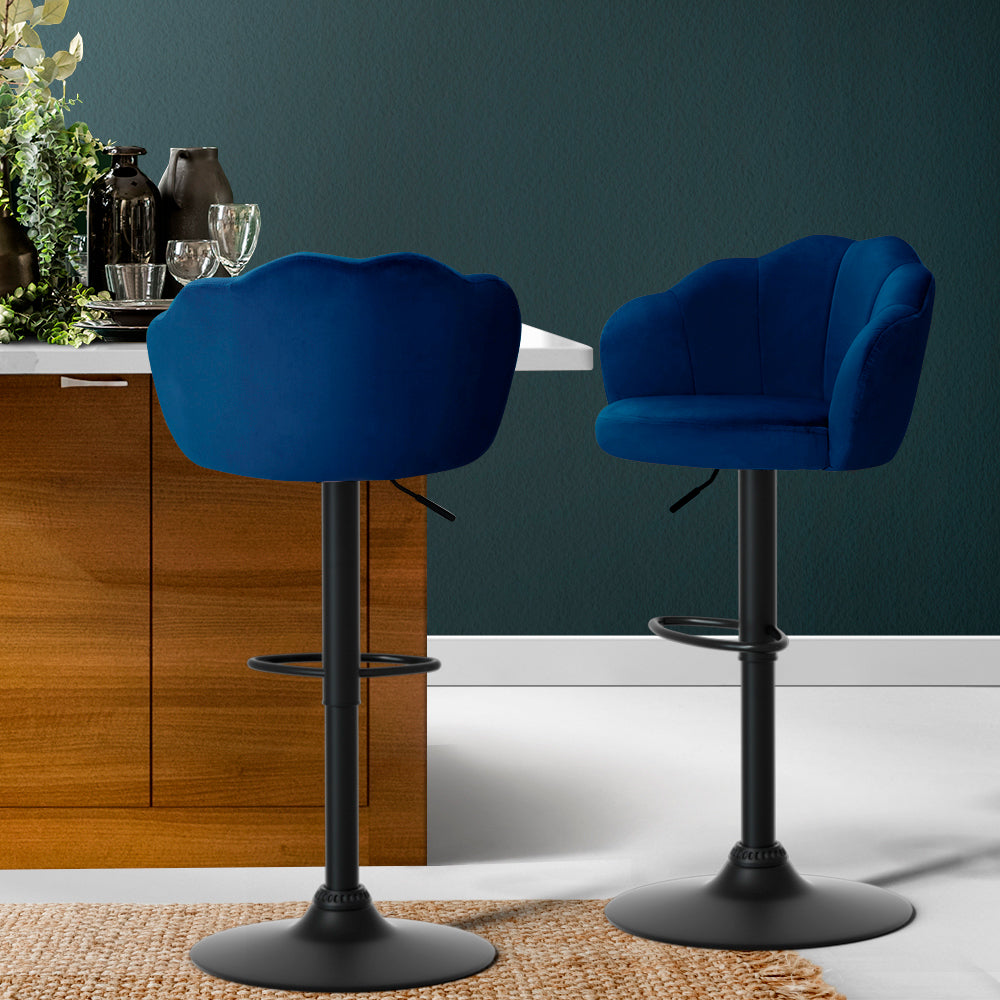 Set of 2 Deluxe Clam Shell Soft Velvet Bar Stools with Gas Lift - Blue Homecoze