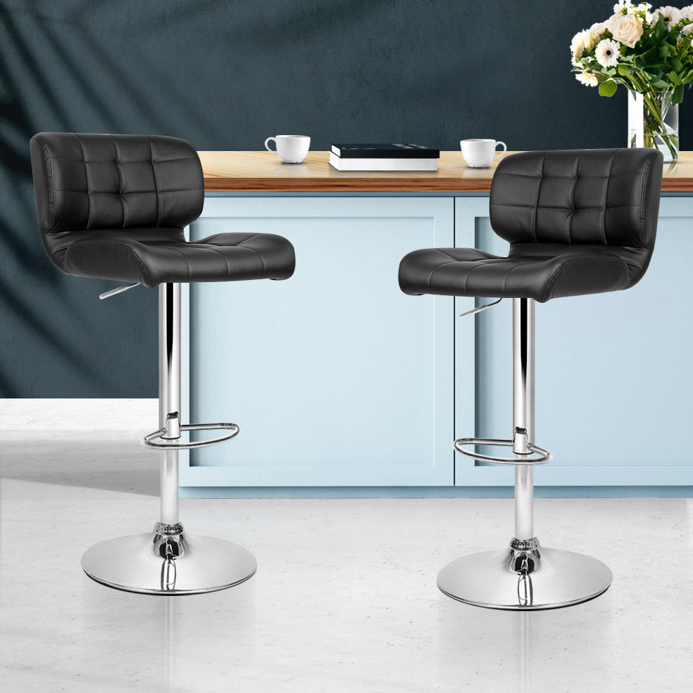 Set of 2 PU Leather Gas Lift Bar Stools - Black and Chrome Homecoze