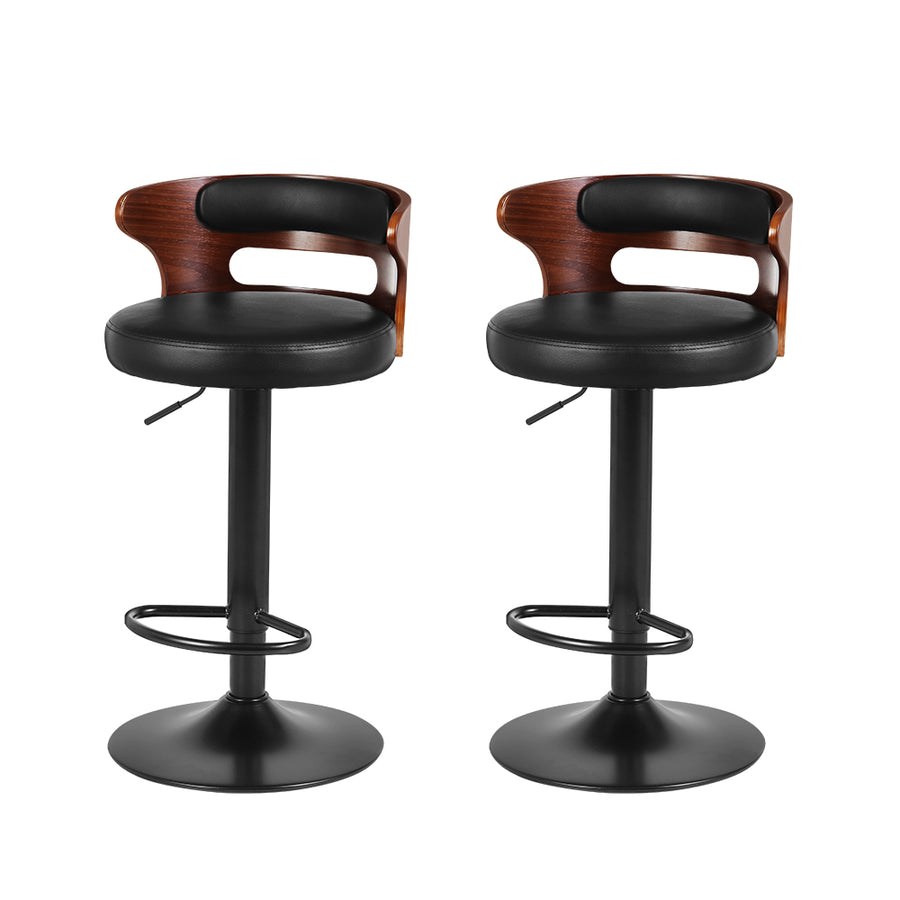 Set of 2 Wood & PU Leather Curved Mid Back Bar Stools - Black & Wood Homecoze