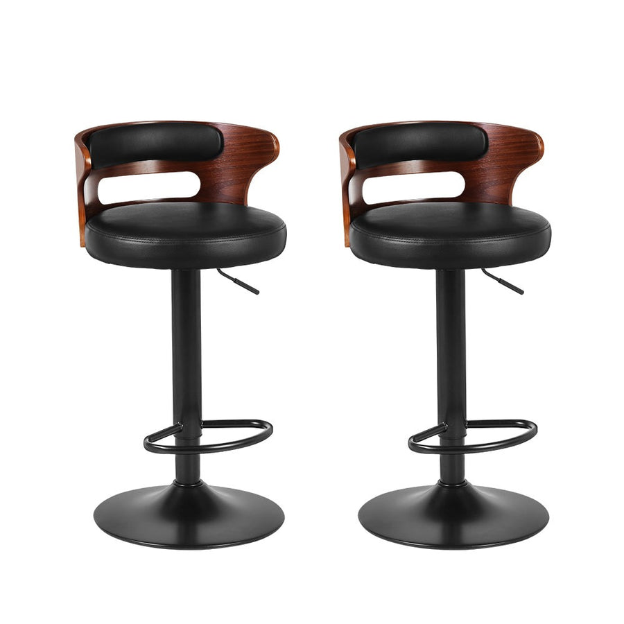 Set of 2 Wood & PU Leather Curved Mid Back Bar Stools - Black & Wood Homecoze