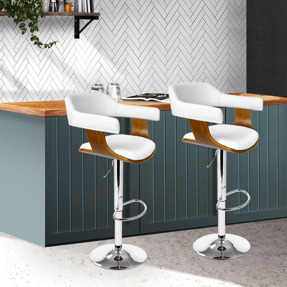 Set of 2 Modern Wood & PU Leather Padded Bar Stool - White and Wood Homecoze