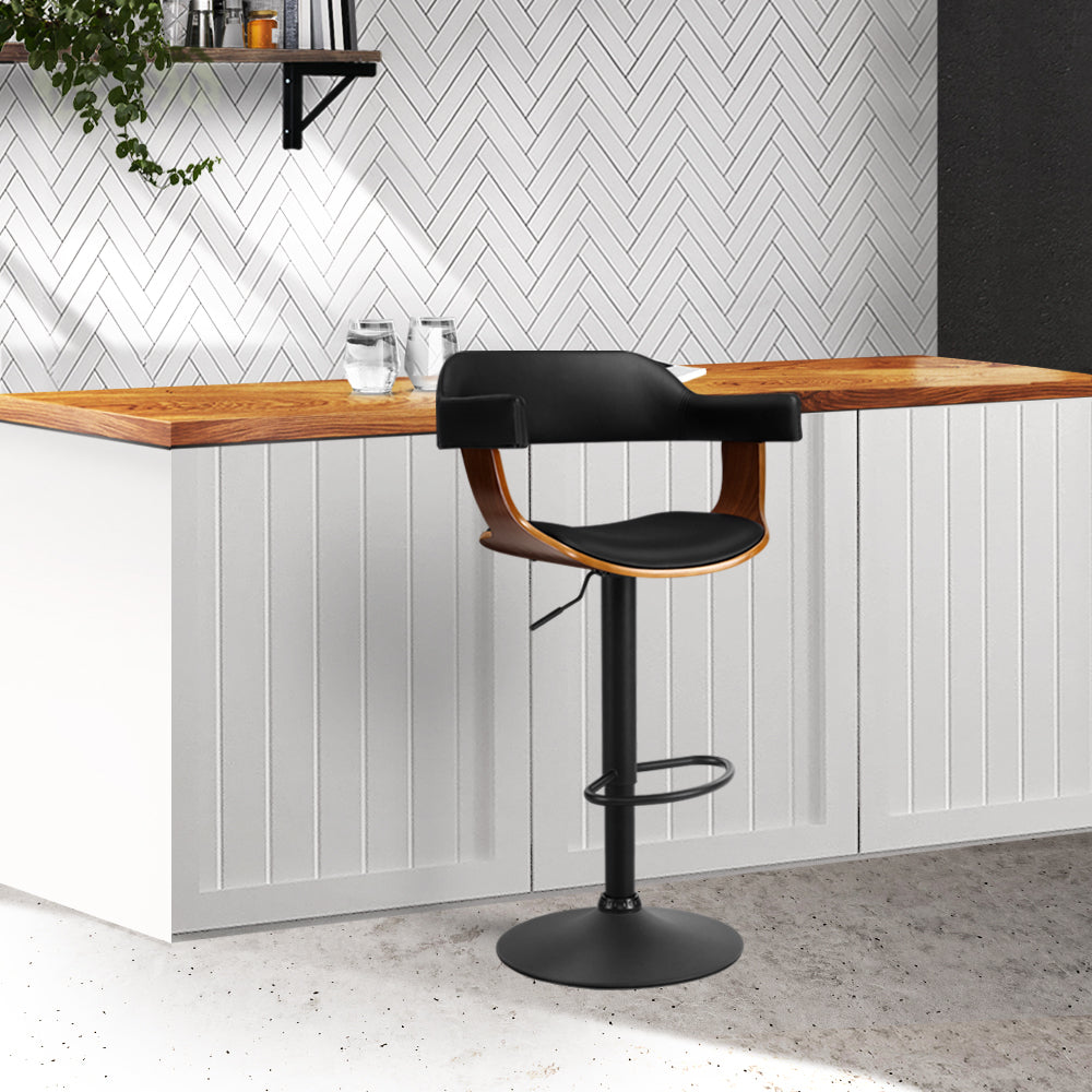 Bar Stool Curved Gas Lift PU Leather - Black and Wood Homecoze