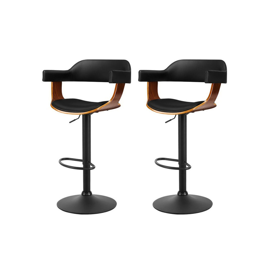 Set of 2 Bar Stools Modern PU Leather with Wooden Frame - Black Homecoze