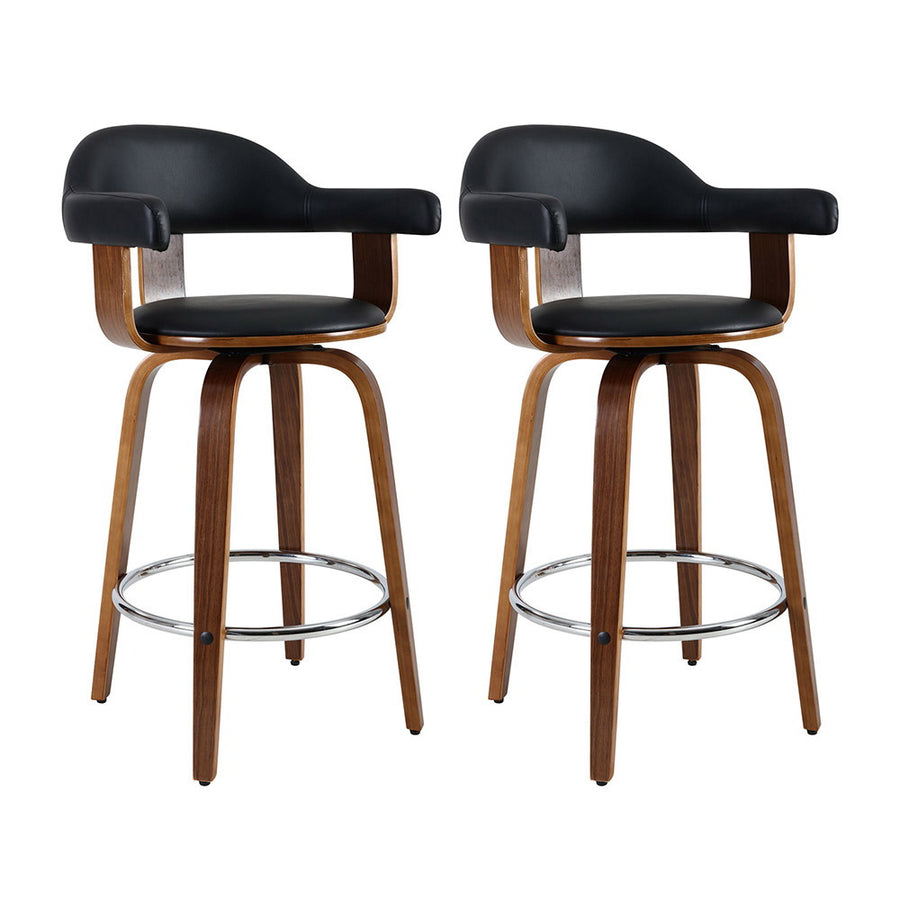 Set of 2 Bar Stools PU Leather Wooden Swivel - Wood, Chrome and Black Homecoze