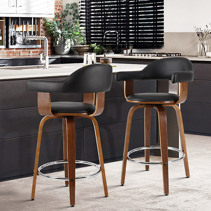 Set of 2 Bar Stools PU Leather Wooden Swivel - Wood, Chrome and Black Homecoze