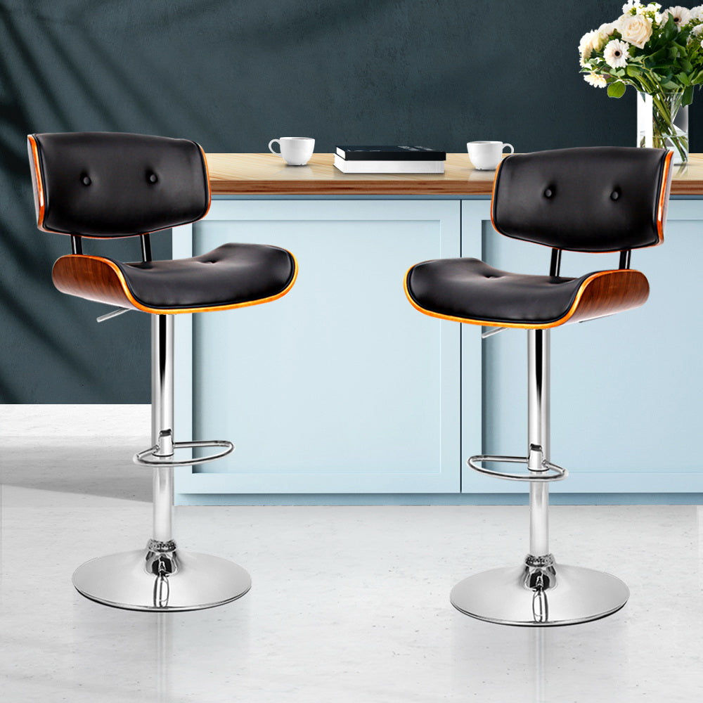 Set of 2 Wood & PU Leather Mid Back Gas Lift Bar Stools - Black and Chrome Homecoze