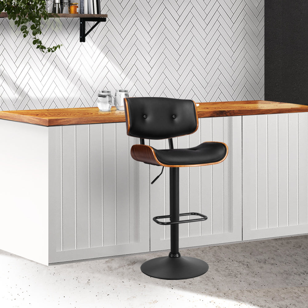 Bar Stool Gas Lift Wooden PU Leather - Black and Wood Homecoze