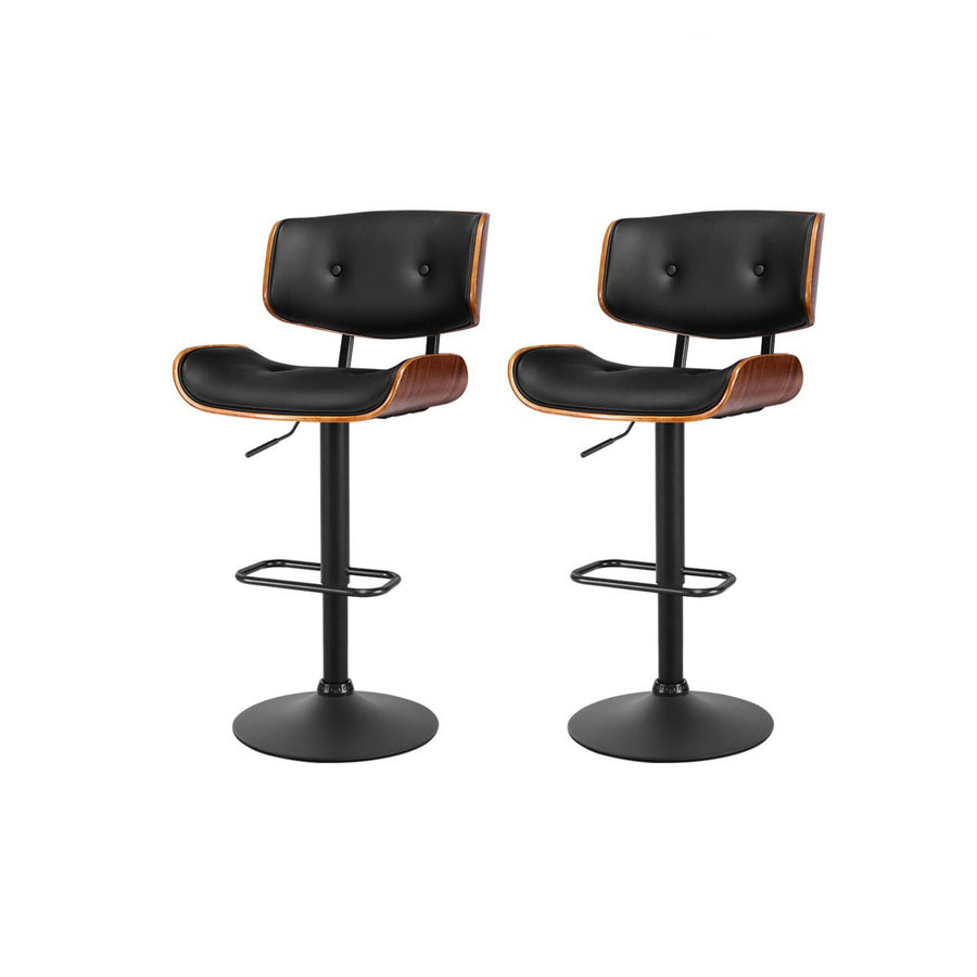 Set of 2 Bar Stools Elegant PU Leather with Wooden Frame - Black Homecoze