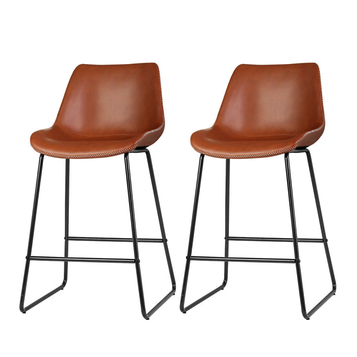 Set of 2 PU Leather Mid Back Bar Stools - Brown Homecoze