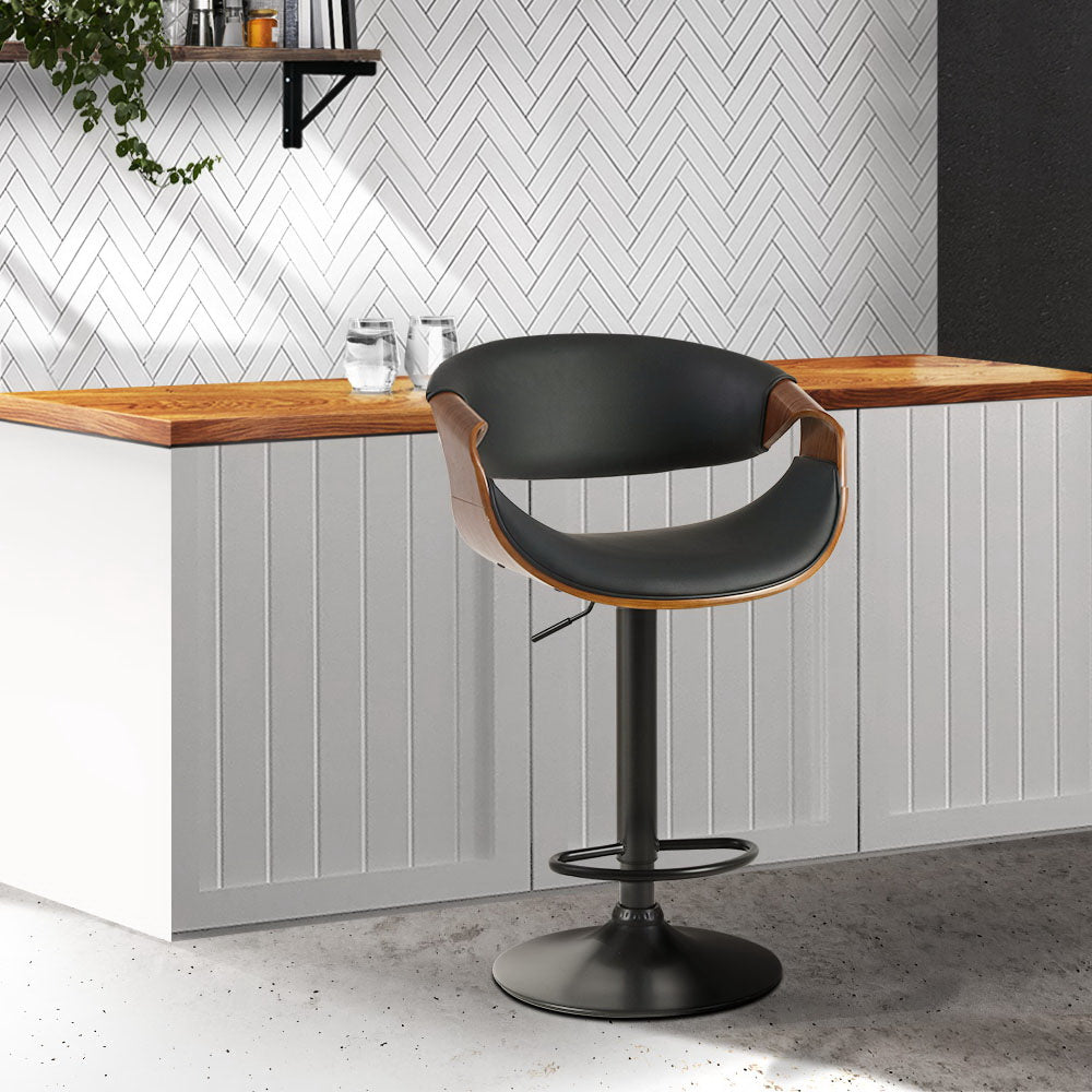 Curved Wood & PU Leather Bar Swivel Gas Lift Bar Stool - Black Homecoze