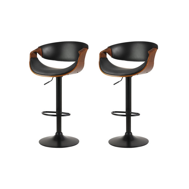 Set of 2 Bar Stools Contemporary PU Leather Curved Wood Frame - Black Homecoze