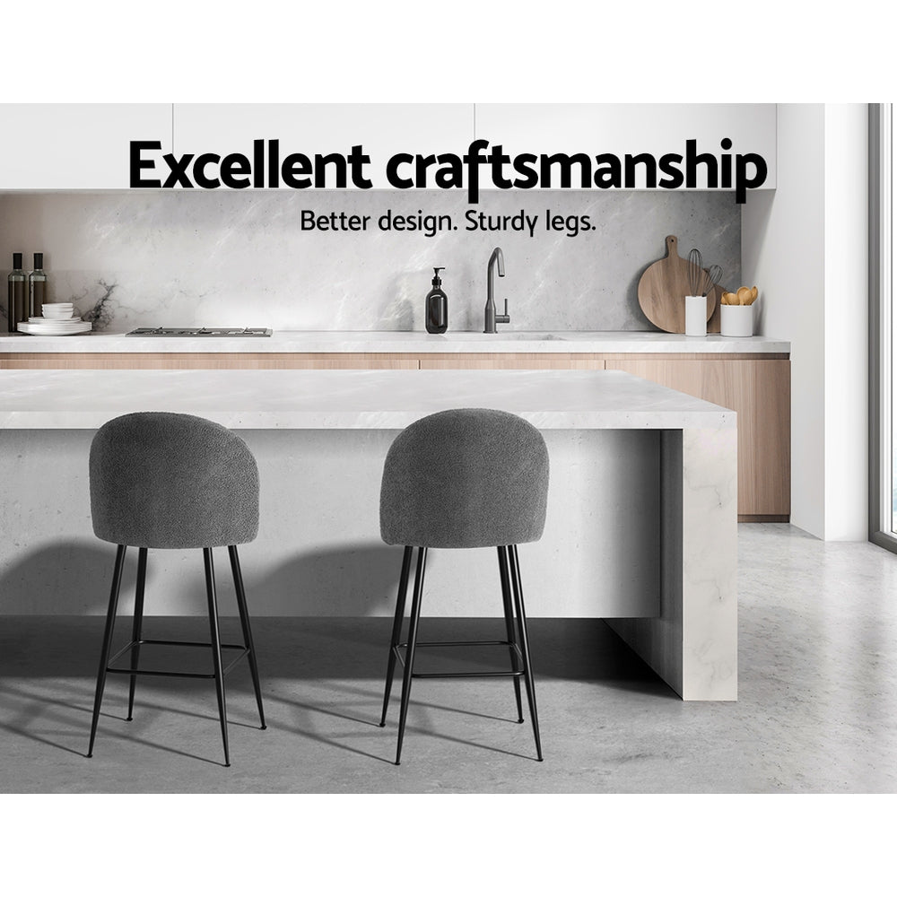Set of 2 Fluffy Sherpa Boucle Fabric Bar Stools 66cm Charcoal